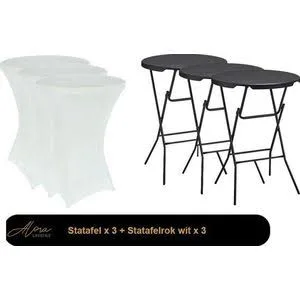3 statafels met witte hoes / rok te huur 