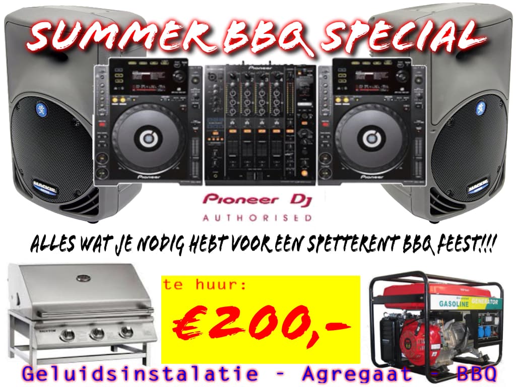 Geluidsset, BBQ en generator voor een parkfeest