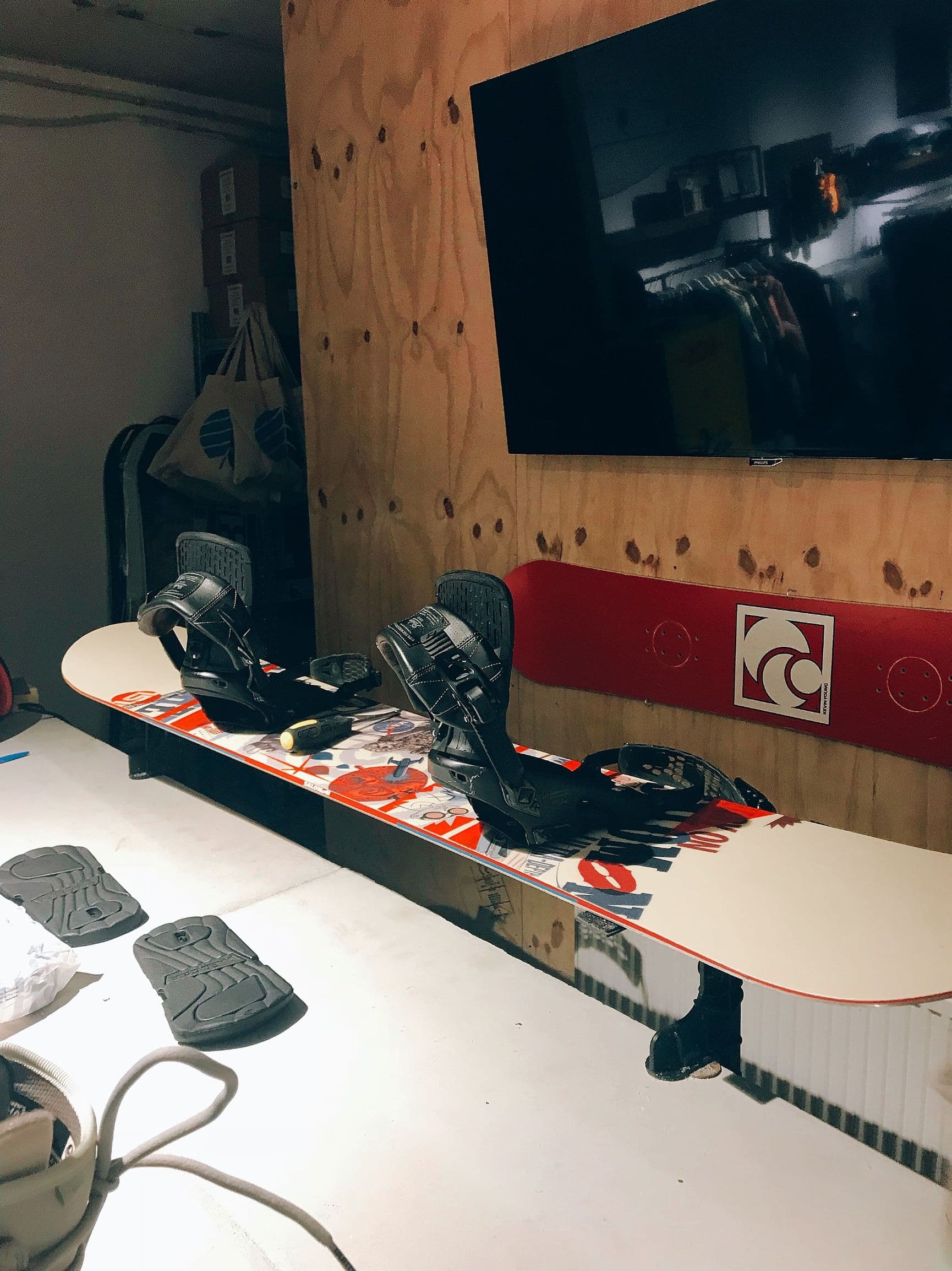Snowboard, bag, helmet, and boots