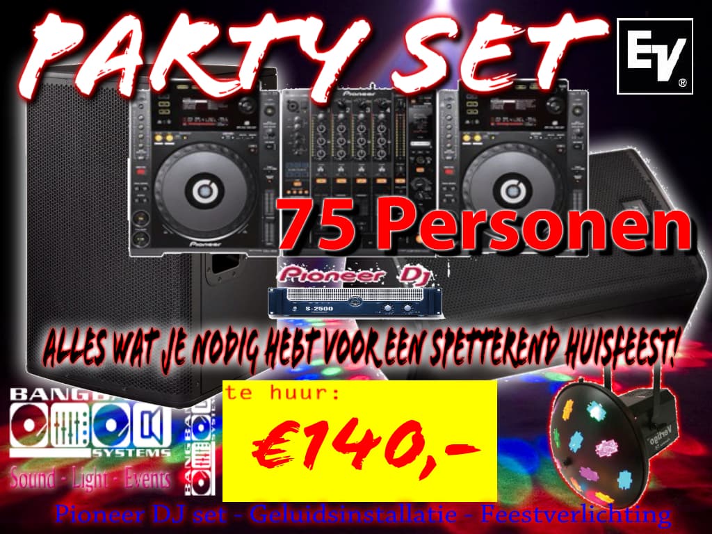 Geluid voor een huisfeest. Dj set, speakers en disco licht. 